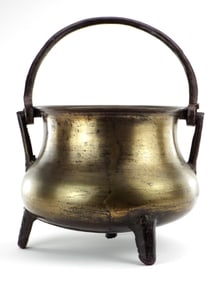 Huge 16th C. German Bronze Cauldron With Iron Loop Handle.