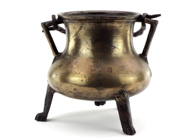 Antique 16th C. German Bronze Cauldron With Twisted Iron Loop Handle
