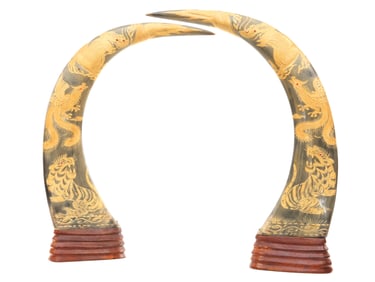 Lot of 2 Massive Chinese Scrimshaw Horns