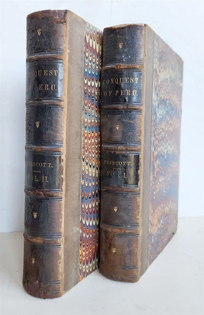1861 HISTORY of CONQUEST of PERU by PRESCOTT 2 VOLUMES antique CIVIL WAR ERA: HISTORY of THE CONQUEST of PERU by WILLIAM PRESCOTT. 2 VOLUMES, complete set. Philadelphia ; 1861. Original 3/4 leather over marbled boards, marbled endpapers and edges. Spines with raised bands and t