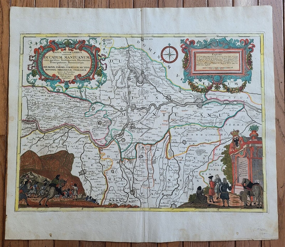 1734 MAP of DUCHY of MANTUA ITALY antique AUTHENTIC hand colored: MAPPA GEOGRAPHICA CONTINENS DUCATUM MAANTUANUM. cum partibus finitimorum Ducatum, Principatuum, Dominiorum, ex gr. Cremonae, Parmae, Correggii, Mutinae, Bononiae, Mirandulae, Ferrariae. Augsburg; c.17