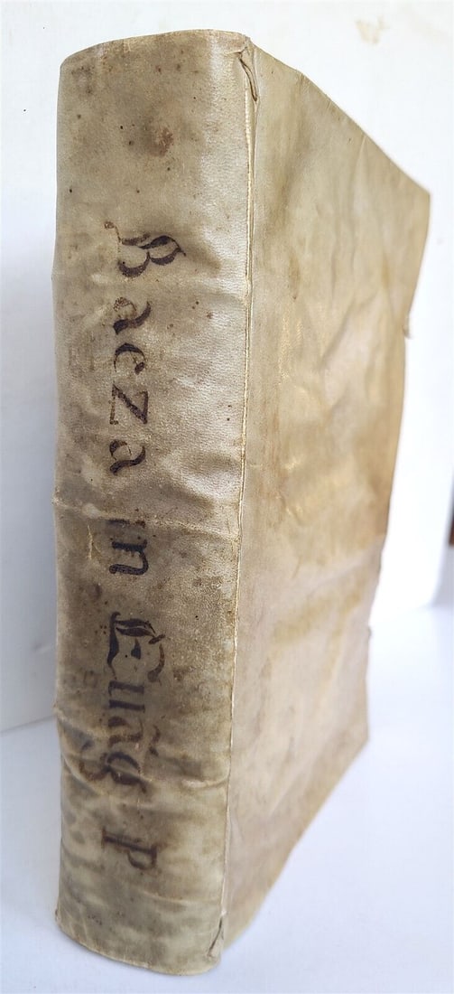 1632 JESUIT THEOLOGY DE BAEZA PONFERRADIENSIS antique VELLUM BINDING: R.p. Didaci. DE BAEZA PONFERRADIENSIS. Societatis Iesu theologi. Commentariorum moralium in euangelicam historiam by De Baeza, Diego. Venetiis; 1632. Size 6 1/2by 8 3/4". Extensive Index plus 879 pp.