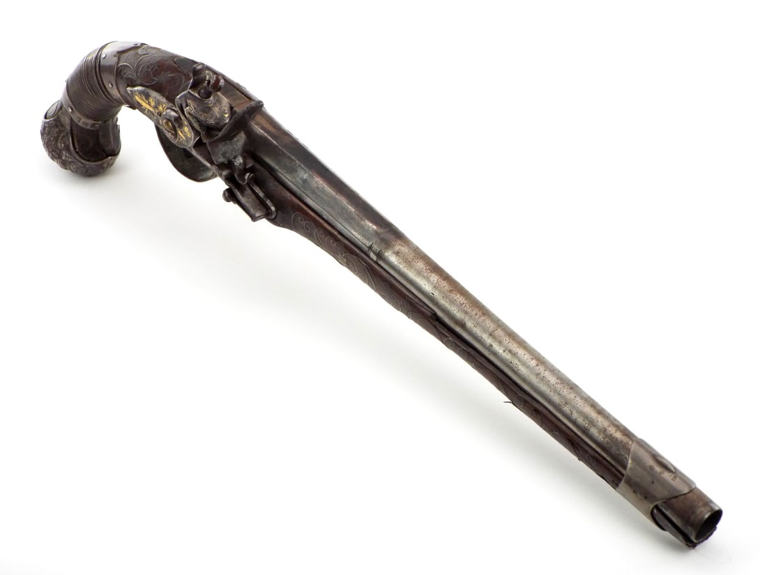 FINE Antique 18th C. French, Silver Mounted Flintlock Pistol Heavily Silver Inlaid Stock: FINE Antique 18th C. French, Silver Mounted Flintlock Pistol Heavily Silver Inlaid Stock. Full Length 19 Inches.
