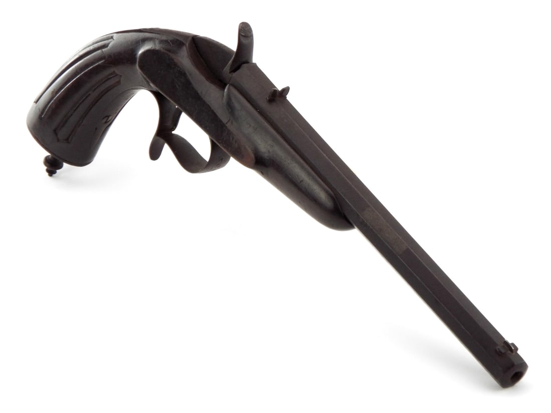 Antique 19th C. Continental Dueling Pistol. Carved Wood Handle.: Antique 19th C. Continental Dueling Pistol. Carved Wood Handle. Full Length 15.5 inch