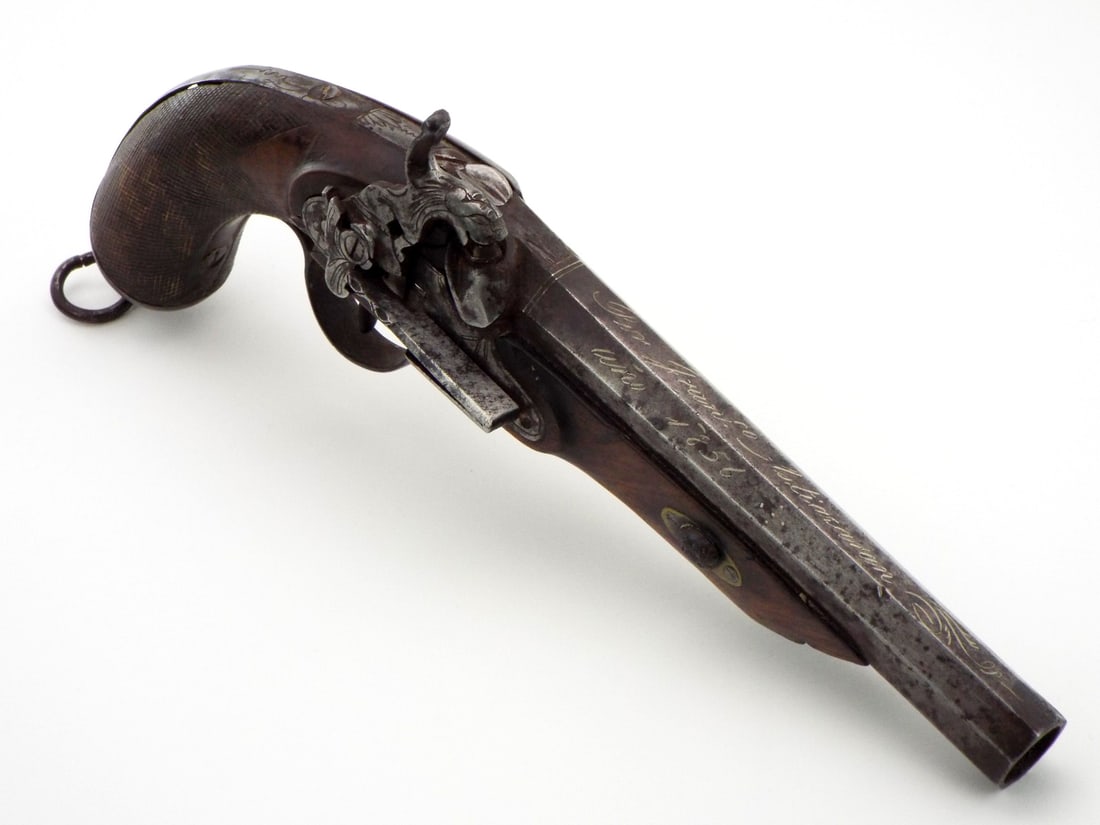 Spanish Miquelet Pistol with Silver Inlaid Barrel Dated 1856: Spanish Miquelet Pistol with Silver Inlaid Barrel Dated 1856. Full Length 12 Inches.