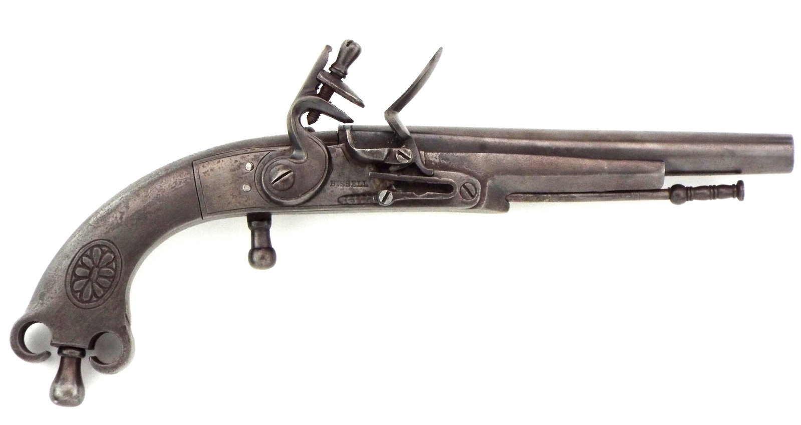 Scottish Royal Highlands Regiment All Metal Flintlock Belt Pistol Marked Bissell.: Scottish Royal Highlands Regiment Flintlock Pistol Scottish all metal flintlock belt pistol marked Bissell. Top of barrel is marked RHR, Barrel measures 7 3/4 inches long. Flintlock pistol does have l