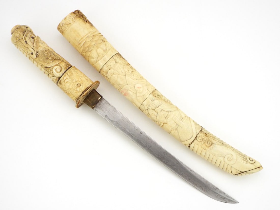 FINE Japanese MEIJI Tanto With Beautiful Carved Mounts: FINE Japanese MEIJI Tanto With Beautiful Carved Mounts. Full Length 20 Inches. Blade Length 10 Inches.