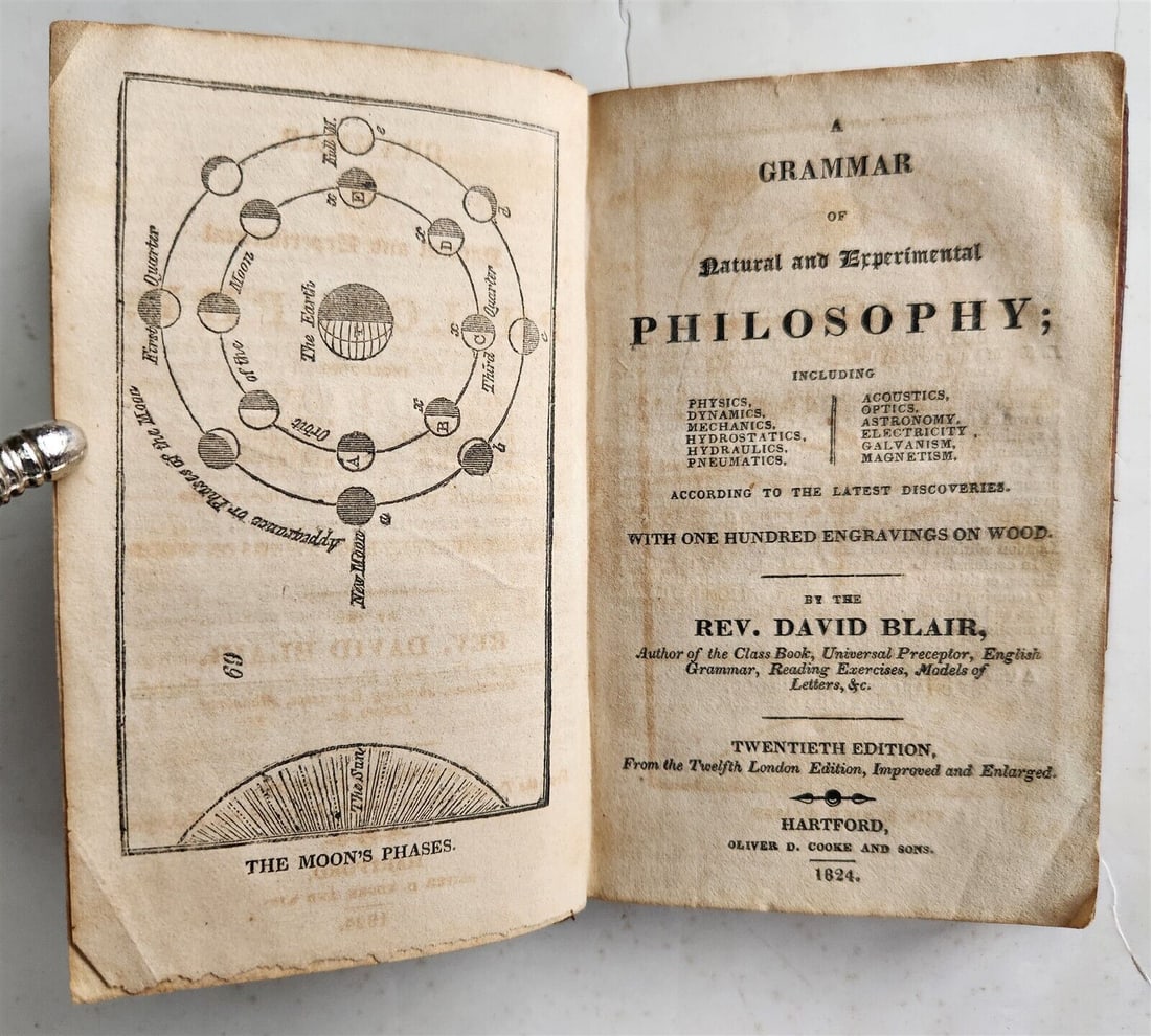 1824 GRAMMAR of NATURAL & EXPERIMENTAL PHILOSOPHY by D.BLAIR antique AMERICANA: GRAMMAR of NATURAL & EXPERIMENTAL PHILOSOPHY by David BLAIR. Hartford; 1824. Original calf. 214 pp, b/w illustrations. Good condition, some foxing. Size 4 by 6". Text in English.