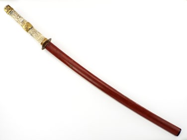 Unusual Japanese Katana Sword with Hand Carved Bone Handle with Brass Mounts