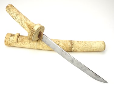Very Good Antique Japanese Hand Carved Meiji Period Samurai Wakizashi with Old Blade