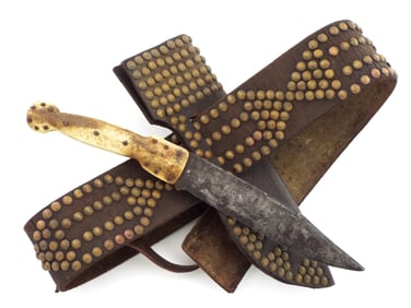 Native American Indian Crow Tacked Belt and Sheath with Hand Forged Knife