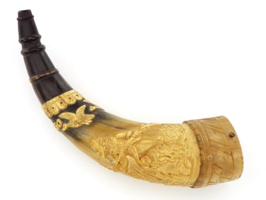 Unusual 19th Century American Carved Horn Powder Flask