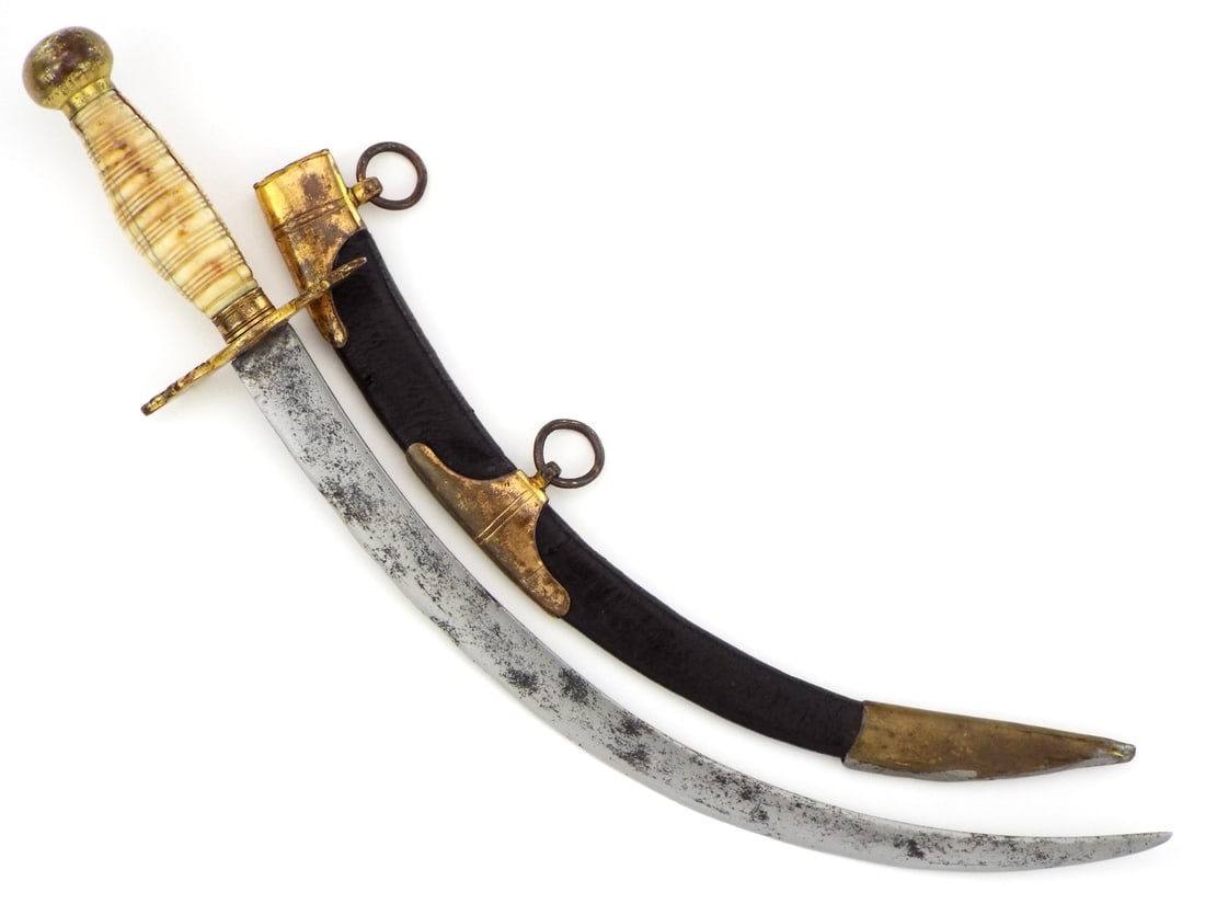 English Georgian Naval officer’s dirk with curved blade and carved bone hilt.: English Georgian Naval officer’s dirk with curved blade and carved bone hilt.