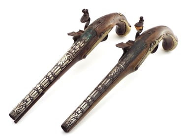 Antique Pair 18th C. Ottoman Turkish Flintlock Pistols. Silver Inlaid Barrels.