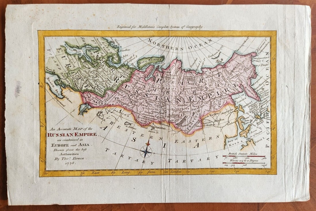 1778 MAP OF RUSSIA antique AN ACCURATE MAP OF RUSSIAN EMPIRE: AN ACCURATE MAP OF RUSSIAN EMPIRE. engraved hand colored map. from Charles Theodore Middleton’s. "Complete System of Geography". (London: J. Cooke, 1778). size (including margins) 9 by 14". Very goo