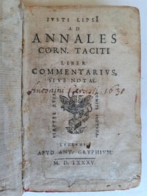 1585 JUSTUS LIPSIUS COMMENTARIES in TACITUS antique VELLUM BOUND 16 century