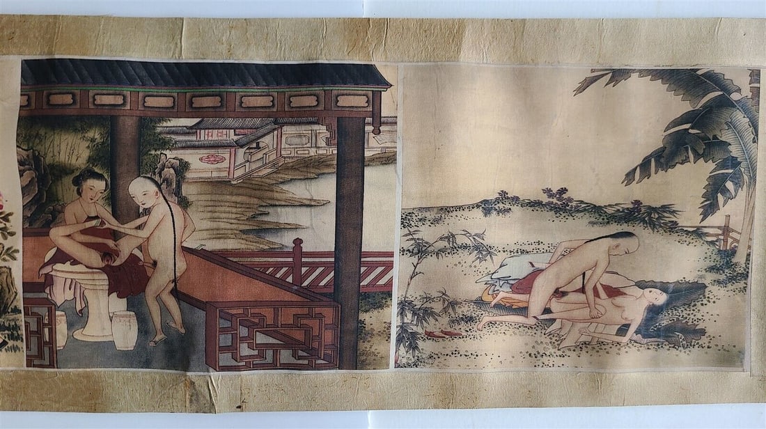1920s CHINESE EROTIC SCROLL HAND PAINED vintage SHUNGA 10 by 123": An erotic hand painted on silk color scroll,. an inscription in Chinese. 10 individual scenes,. each painting size 8 by 9 1/3". overall width 9 3/4". overall length 123". clean, very good condition. U