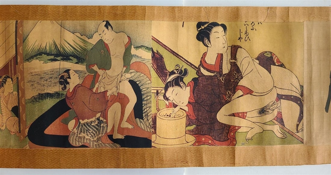 1920s CHINESE EROTIC SCROLL HAND PAINTED vintage SHUNGA 10 by 84": An erotic hand painted on silk color scroll,. an inscription in Chinese. 6 individual scenes,. each painting size 7.5 by 9.5". overall width 10". overall length 84". clean, very good condition. Unsign
