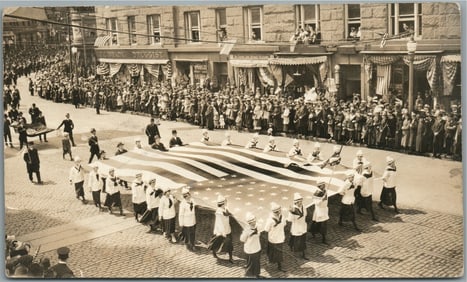 FALL RIVER MA PATRIOTIC PARADE w/ AMERICAN FLAG ANTIQUE REAL PHOTO POSTCARD RPPC