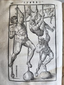 1573 DE ARTE GYMNASTICA ILLUSTRATED wrestling 23 WOODCUTS antique VELLUM 16th C.