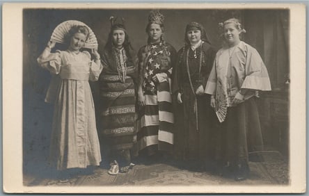 FIVE LADIES AMERICAN FLAG DRESS ANTIQUE REAL PHOTO POSTCARD RPPC patriotic