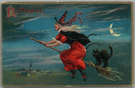 HALLOWEEN RAPHAEL TUCK SERIES 150 ANTIQUE POSTCARD FLYING WITCH w/BLACK CAT