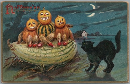 HALLOWEEN RAPHAEL TUCK SERIES 150 ANTIQUE POSTCARD PUMPKINS w/ BLACK CAT