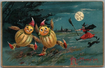 HALLOWEEN ANTIQUE POSTCARD with WITCH & BLACK CAT