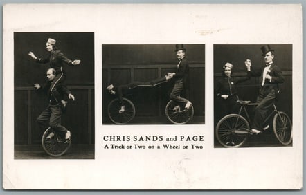 BICYCLE CIRCUS CHRIS SANDS & PAGE CYCLISTS ANTIQUE REAL PHOTO POSTCARD RPPC