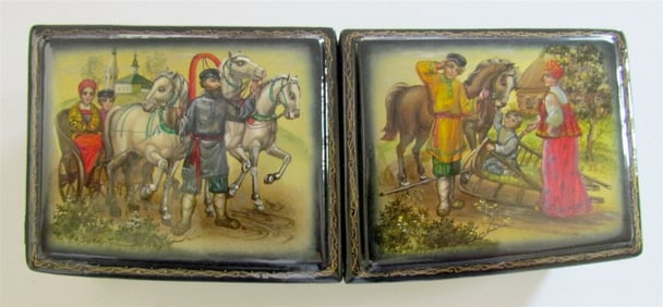 RUSSIAN FEDOSKINO LACQUER BOX w/ DOUBLE LID vintage paper-mache handpainted