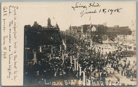 LIMA OH BIG DAY GAR PARADE 1908 ANTIQUE REAL PHOTO POSTCARD RPPC