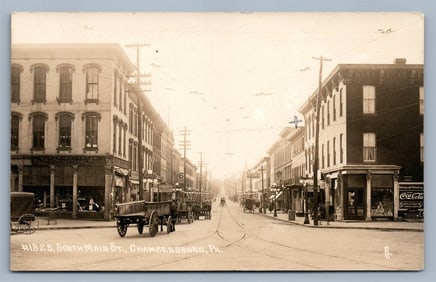 CHAMBERSBURG PA MAIN STREET ANTIQUE REAL PHOTO POSTCARD RPPC COCA COLA SIGN