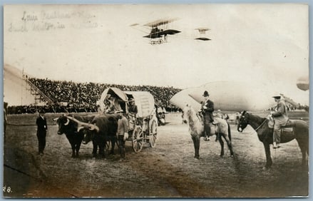 PHOTOMONTAGE ZEPPELIN AIRPLANE HORSES BULLS ANTIQUE REAL PHOTO PC RPPC AVIATION