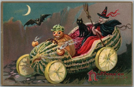 HALLOWEEN RAPHAEL TUCK SERIES 150 ANTIQUE POSTCARD WATERMELON CAR w/ WITCH