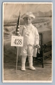 WILDBOOD NJ BOY w/ US FLAG & TOMAHAWK PATRIOTIC ANTIQUE REAL PHOTO POSTCARD RPPC