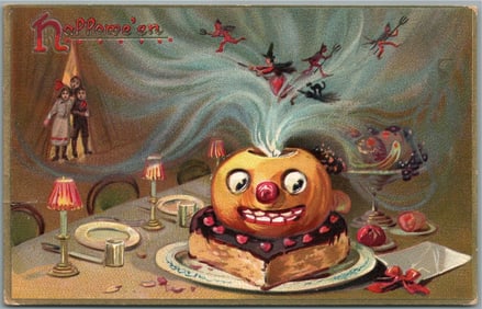 HALLOWEEN RAPHAEL TUCK SERIES 150 ANTIQUE POSTCARD PUMPKIN HEAD WITCH BLACK CAT