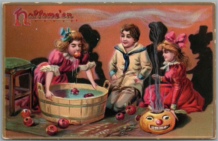 HALLOWEEN RAPHAEL TUCK SERIES 150 ANTIQUE POSTCARD KIDS w/ PUMPKIN HEAD
