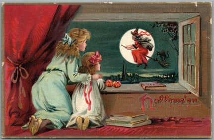 HALLOWEEN RAPHAEL TUCK SERIES 150 ANTIQUE POSTCARD FLYING WITCH IN THE WINDOW