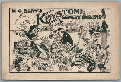 BICYCLE CIRCUS KEYSTONE COMEDY CYCLISTS ANTIQUE POSTCARD