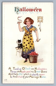 HALLOWEEN ANTIQUE EMBOSSED POSTCARD TWELVE O'CLOCK THROW AN APPLE PEEL