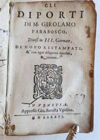 1586 GLI DIPORTI by Girolamo Parabosco antique 16th CENTURY VELLUM BOUND ITALIAN