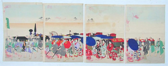 JAPANESE WOODBLOCK QUADTYCH PRINT ANTIQUE FEASTIVAL PROCESSION 4 parts MEIJI