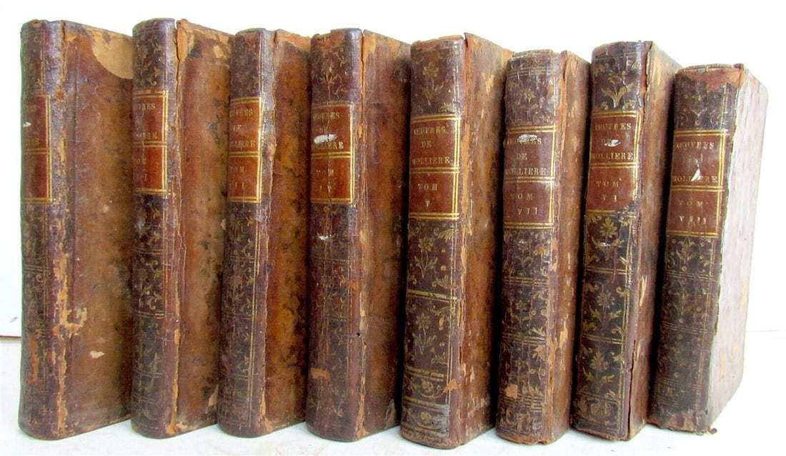 1760-1770 WORKS of MOLIERE 8 volumes COMEDIES THEATER PLAYS in FRENCH antique: QEUVRES DE MOLIERE. Paris, 1760-1770. 8 volumes, complete. Size 3 1/2 by 5 3/4" (volumes are slightly different in size.). Original calf, worn. Good interior condition, with some foxing.