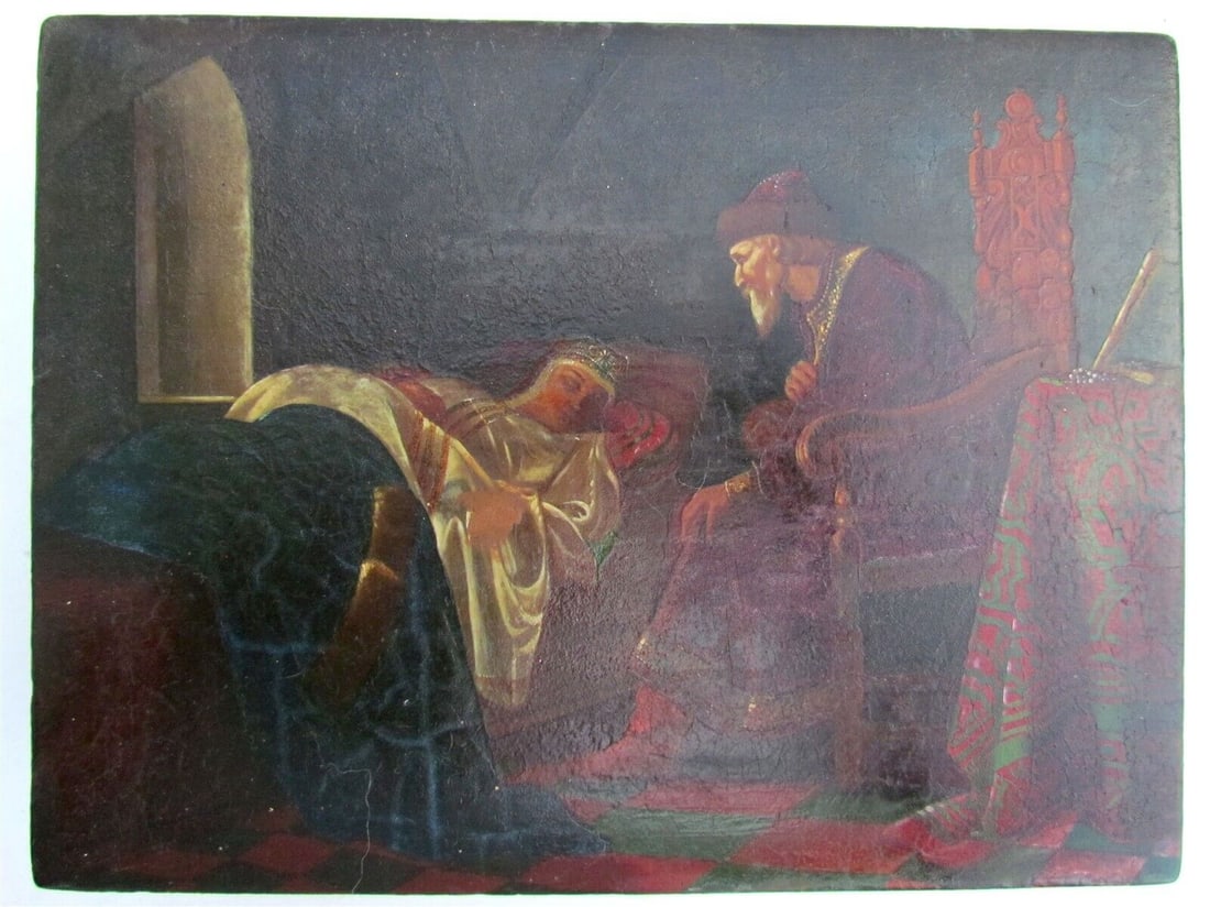 RUSSIAN ANTIQUE LACQUER BOX TSAR IVAN THE TERRIBLE AT THE WIFE'S BED large RARE: Hand painted. Size 7 3/4 by 10 1/4"Â (19.5 by 26 cm). Height 3.5" (9 cm). After the famous painting of G.Sedov "Ivan the Terrible looking at Vasilisa Malentyeva". Very good condition, minor