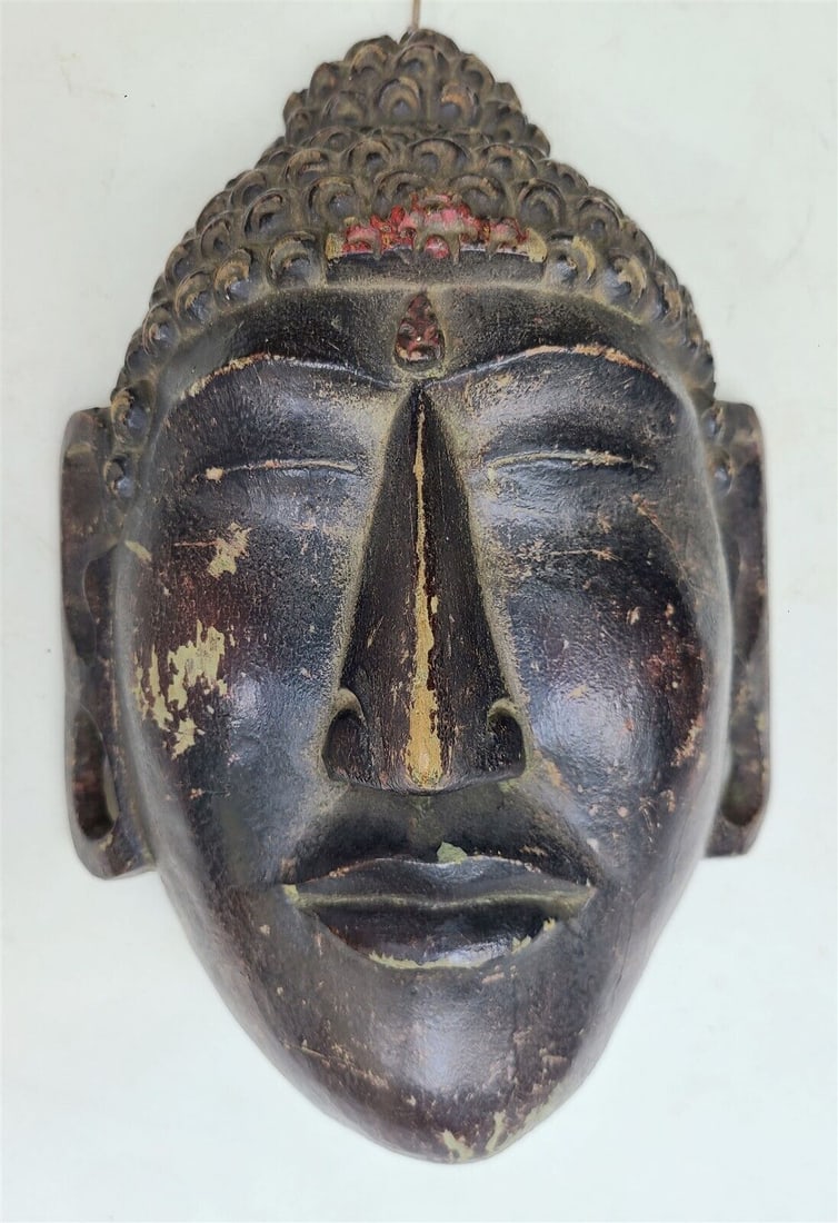 ASIAN THAI? ANTIQUE WOODEN MASK of BUDDHA hand carved BUDDAH: Size 7 by 10 1/3". good condition, some paint wear.
