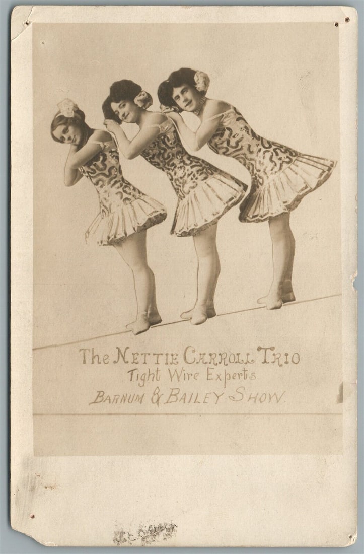 BARNUM & BAILEY CIRCUS SHOW NETTIE CARROLL TRIO ANTIQUE REAL PHOTO POSTCARD RPPC: BARNUM & BAILEY CIRCUS SHOW NETTIE CARROLL TRIO ANTIQUE REAL PHOTO POSTCARD RPPC