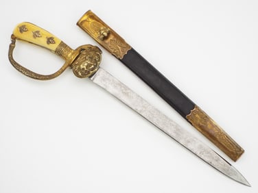 Early WWII Forestry Senior Deluxe Dagger. Cutlass blade has a triple hunt scene etching
