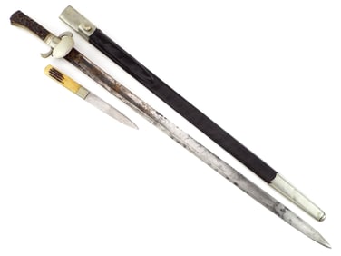 HUGE German WWI to WWII Silver Mounted Hirschfanger Hunting Sword. Very Long Etched Blade