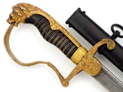 German WWII DAMASCUS Officers Lion Head Sword: German WWII DAMASCUS Officers Lion Head Sword Full Length 37 Inches Blade Length 30.5 Inches