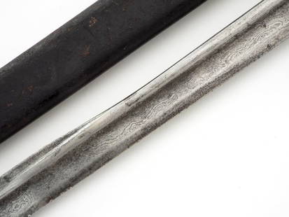 Imperial German Blue & Gold Paneled Damascus Sword by WEYERSBERG SOLINGEN: Weyersberg made quill back true Damascus steel sword with gilded heavy ornate brass ruby eyed lion head pommel and figural knuckle bow/back strap. Grip is black fish skin wrapped with silver wire.Full